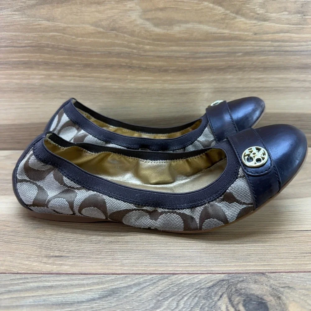 Coach Chelsea Ballet Flats Y2K 7.5 Brown Signature Cap Toe Stretch Casual Office